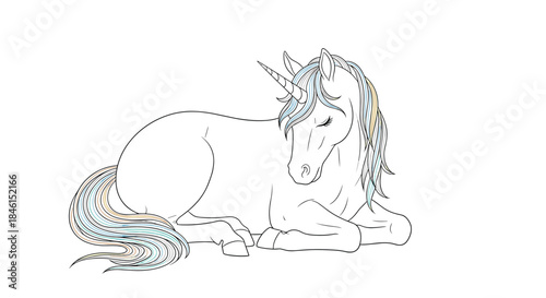 Graceful unicorn with a rainbow-colored mane and tail lying down in a peaceful pose, shown in a delicate line art style.