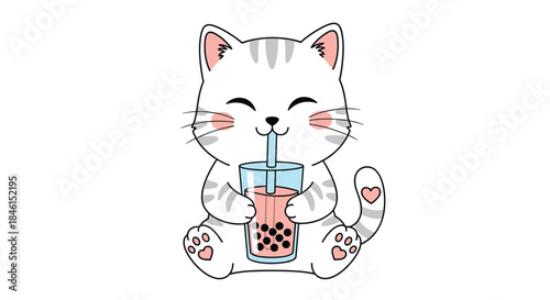 Adorable kawaii cat with heart details on its tail and paws, happily drinking pink bubble tea through a straw from a glass.