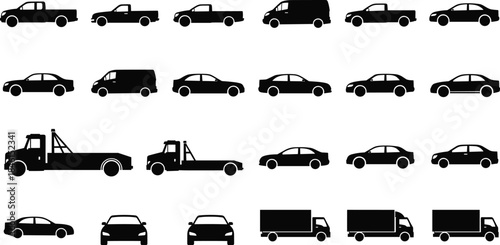 Silhouette collection of various cars, pickup trucks, tow trucks, cargo vans and delivery vehicles in black icons set for transport automotive design, infographic, branding, signage