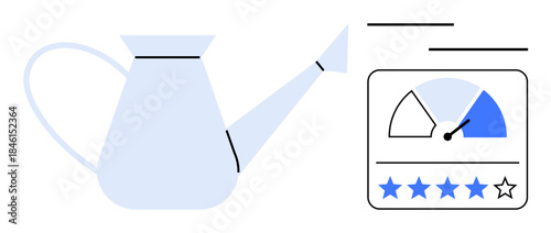 Performance rating concept. A watering can paired with a performance meter stars and a gauge. Performance is measured in progression, growth, and review outcomes. Useful for productivity, gardening