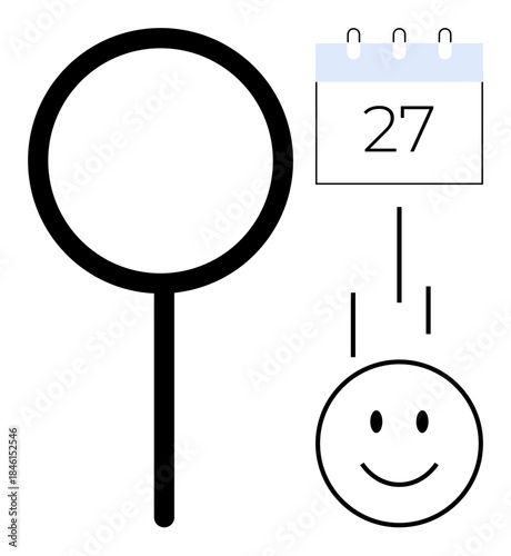 Search concept. A magnifying glass, calendar with a marked date 27, and smiling face task management and streamlined planning. Search helpful for scheduling, goals, organization, and productivity
