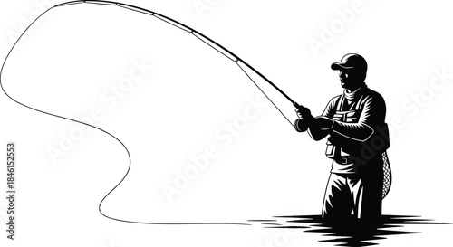 Silhouette fisherman casting fishing rod in river water, outdoor fly fishing sport illustration, angler in waders, adventure recreation nature scene vector art