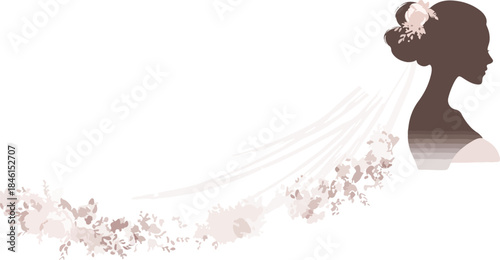 Purple floral design illustration of a bride in a pink wedding dress framed by winter snow and summer flowers for a nature fashion banner