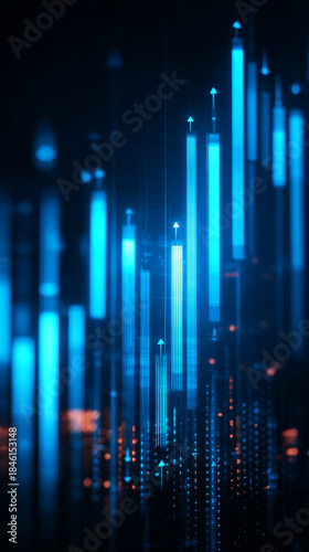 Digital blue glowing arrows rising upward in dark background, symbolizing growth and progress in technology and finance