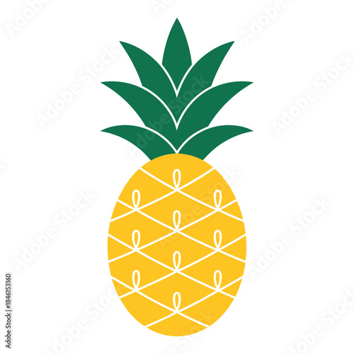 Simple graphic illustration of a yellow pineapple with green leaves on a white background.