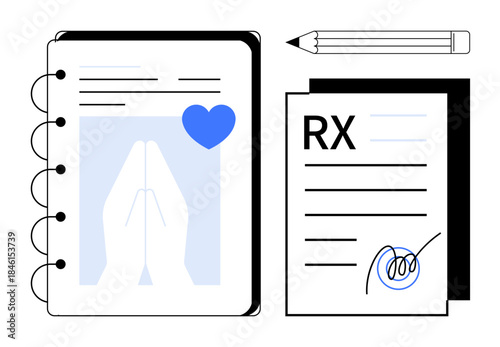 Healthcare, wellness, medical records, prayer, prescription, self-care. A notebook with hands in prayer and a heart, pencil RX prescription note. Healthcare and wellness