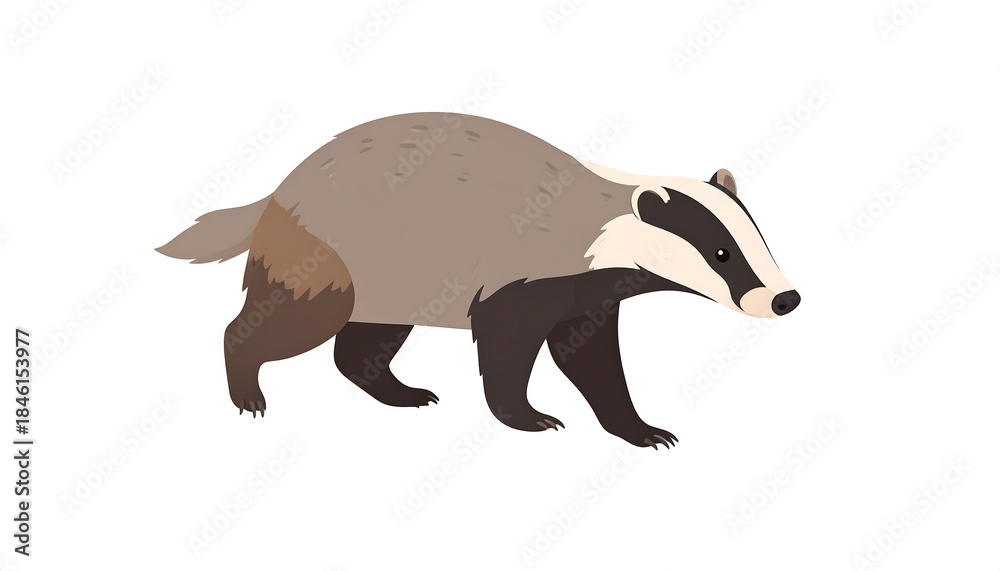 Obraz premium A cartoon illustration of a European badger walking with a black and white striped face on a clean white background
