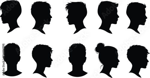 Silhouette head profiles of men and women, side and front view collection, hairstyle variation vector, anonymous people icons for avatar, logo, design use