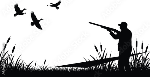 Silhouette hunter aiming shotgun at flying ducks in marsh grass, wildlife hunting scene with reeds and birds, outdoor nature sport illustration design