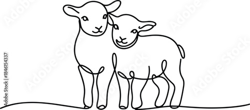 Two lambs embracing in continuous line drawing sheep