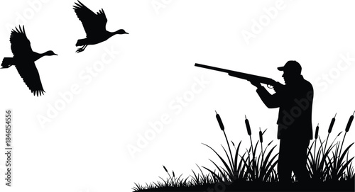 Silhouette hunter aiming shotgun at flying ducks in marshland, wildlife hunting scene with reeds and birds, outdoor sport nature illustration design
