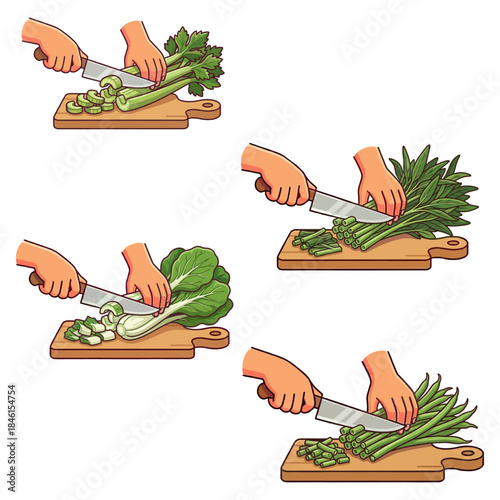 Hands Cutting Green Vegetables (Celery, Bok Choy, Water Spinach, Green Beans) on Wooden Board Vector Illustration Set