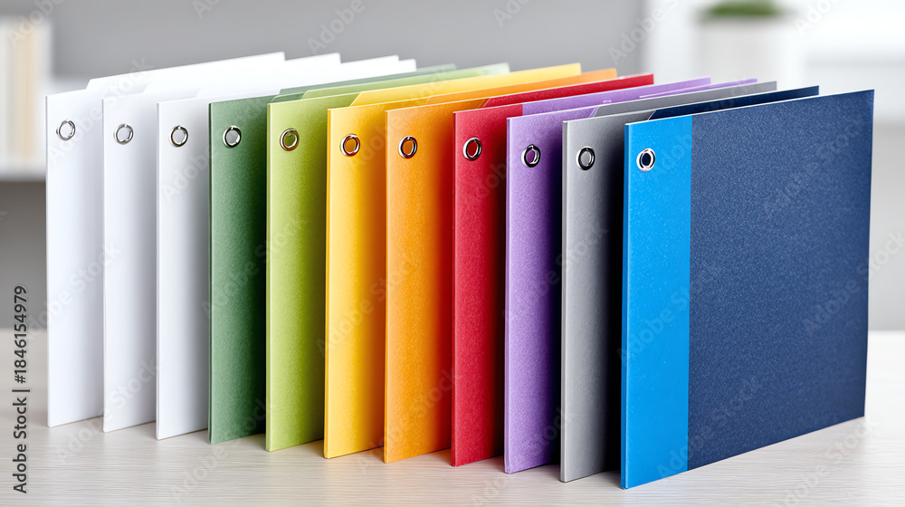 Naklejka premium A colorful collection of document folders organized on a desk for effective office management and organization.