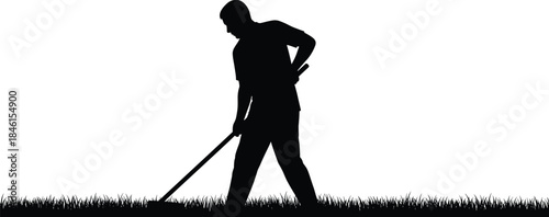 Silhouette illustration of a man raking grass field, outdoor gardening work, lawn care, landscaping maintenance, agriculture and nature labor vector design
