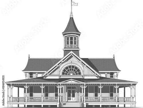 Victorian house with wrap around porch and tower building