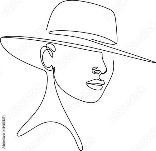 Woman wearing wide brim hat continuous line drawing