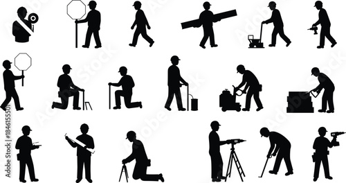 Silhouette illustration of construction workers with tools, engineers, and builders performing various building and roadwork activities, industrial labor vector design, isolated concept