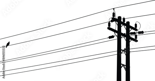 Silhouette illustration of electrical utility pole with multiple overhead power lines and a perched bird, showcasing energy infrastructure, rural scenery, and minimalist design
