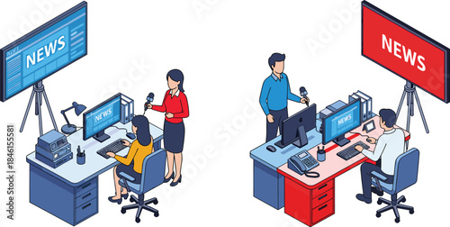 Isometric illustration of modern news studio with journalists, reporters, cameras, and digital screens, representing broadcast journalism and media production