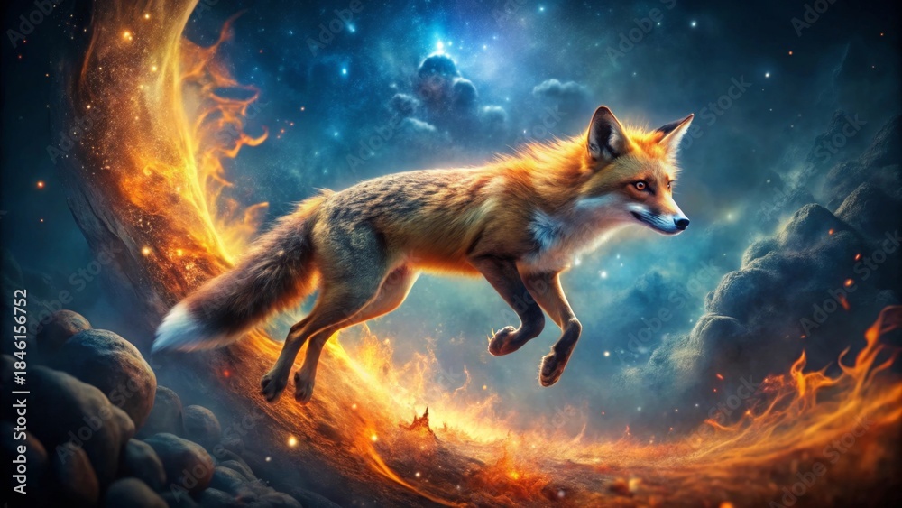 Fototapeta premium A Fiery Red Fox Leaps Across a Celestial Landscape of Burning Embers and Sparkling Stardust