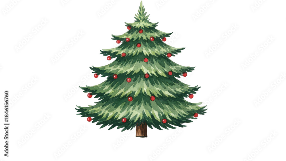 Fototapeta premium Festive Watercolor Christmas Tree With Red Ornaments
