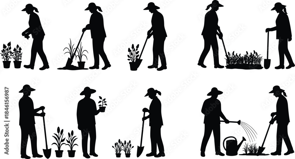Obraz premium Silhouette illustration of people gardening, planting flowers and watering plants, using garden tools, agriculture and farming work vector design, isolated concept