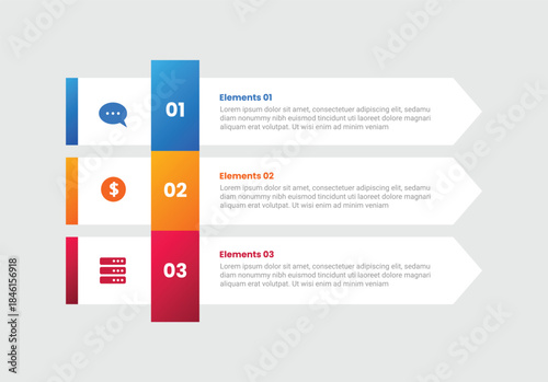 Arrow base infographic with gradient style with long rectangle box stacked list vertical with ribbon badge with 3 elements stages
