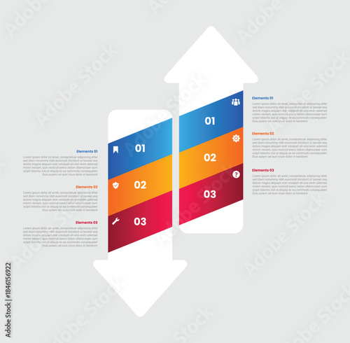 Arrow base infographic with gradient style with big arrow top and down direction with skew line separator with 6 elements stages