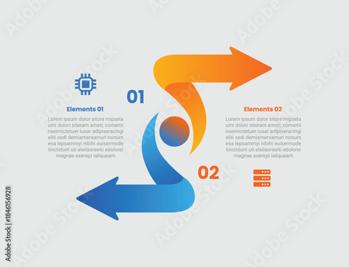 Arrow base infographic with gradient style with smooth arrow flip ribbon badge with opposite direction up and bottom with 2 elements stages