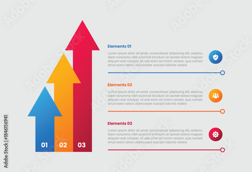 Arrow base infographic with gradient style with bar chart with arrow header and stacked vertical list with 3 elements stages