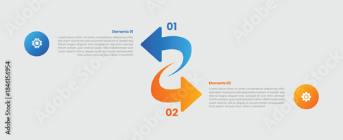 Arrow base infographic with gradient style with arrow shape opposite direction with up and down position with 2 elements stages