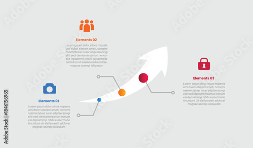 Arrow base infographic with gradient style with big smooth curve arrow with dot line pointer with 3 elements stages