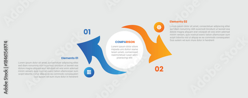 Arrow base infographic with gradient style with big circle center with arrow smooth around up and down with 2 elements stages
