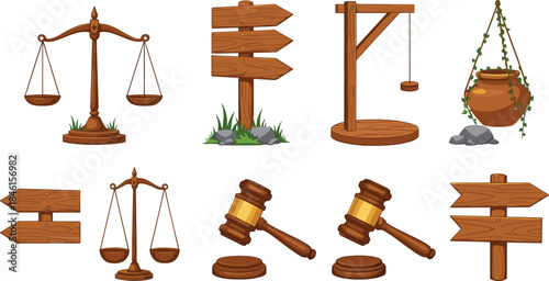 Wooden Justice and Law Icon Set with Balance Scales Judge Gavel Signposts and Rustic Objects Flat Vector Illustration