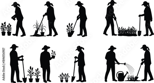 Silhouette illustration of people gardening, planting flowers and watering plants, using garden tools, agriculture and farming work vector design, isolated concept