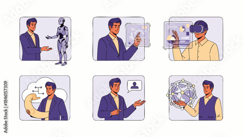 Modern business professional exploring advanced technology concepts like AI, virtual reality, cloud computing, and data analytics in a series of digital illustrations.