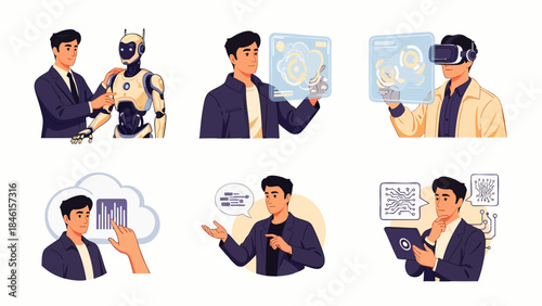 Digital transformation concepts: AI handshake, augmented reality, virtual reality, cloud computing, and modern business communication solutions.