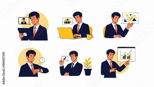 Set of modern business illustrations featuring a businessman working remotely, engaging in video calls, analyzing data, and managing time effectively.