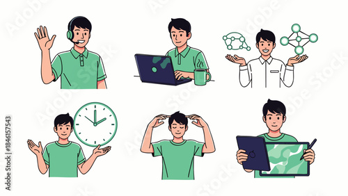 Set of illustrations depicting a person in various work-related scenarios, including communication, technology, and problem-solving.