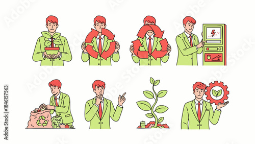 Man demonstrates eco-friendly practices: recycling, planting, sustainable energy, and environmental care