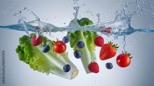 Fototapeta Naklejka Na Ścianę i Meble -  Fresh vegetables and fruits falling into water lettuce
