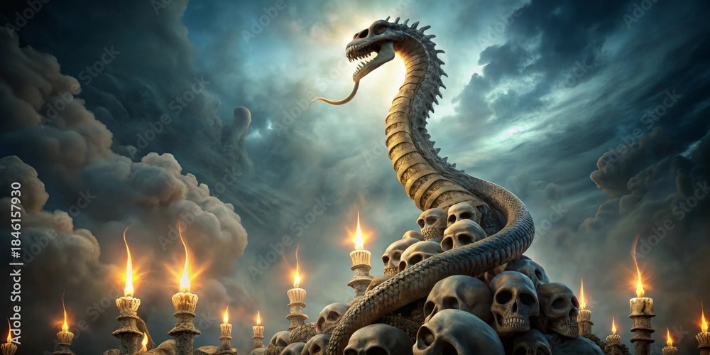 Obraz premium A Serpent's Coil of Skulls, Illuminated by Glowing Candles Beneath a Stormy Sky