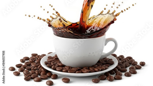 Freshly brewed dark coffee splashes dramatically into a white ceramic cup surrounded by roasted beans on a clean white background