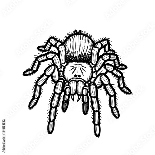 Detailed black and white illustration of a tarantula spider  