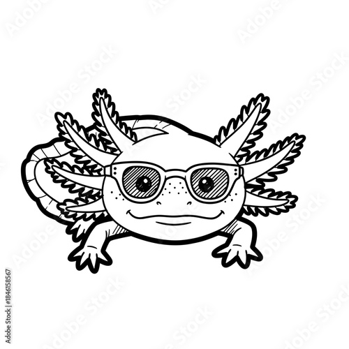 Cartoon axolotl wearing glasses in a playful and whimsical style  