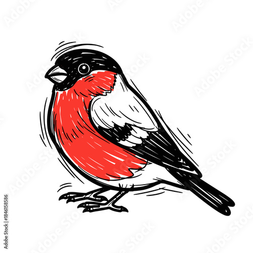 Colorful bullfinch bird illustration with red and black feathers  