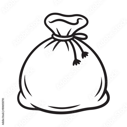 A simple line art illustration of a full sack tied tightly with a drawstring