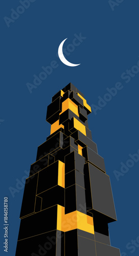 Abstract dark geometric tower with glowing golden accents under a crescent moon in a deep blue night sky.
