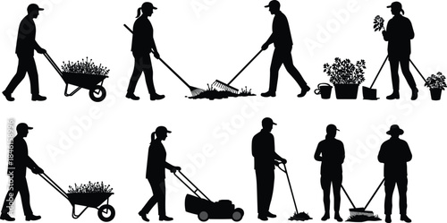 Silhouette of gardeners working with tools in garden, planting flowers, raking leaves, and mowing lawn, outdoor gardening and landscaping illustration design