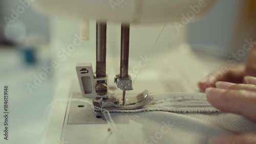 Woman clothing designer sews fabrics on a sewing machine. Needlework and handmade hobby. Selective focus.